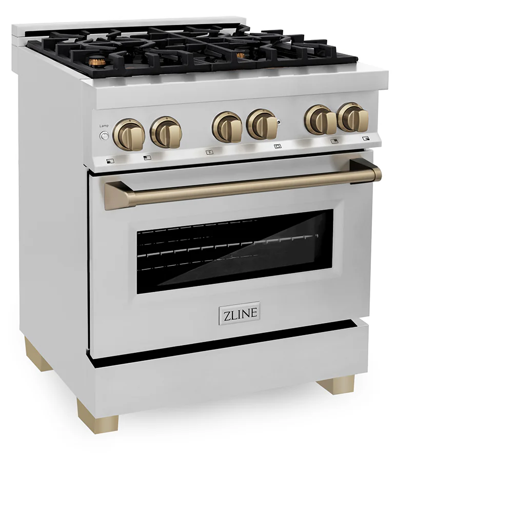 ZLINE Autograph Edition 30 in. 4.0 cu. ft. Legacy Dual Fuel Range with 4 Burner Gas Cooktop and Electric Convection Oven in Stainless Steel and Champagne Bronze Accents, Open Box-Great Condition - Image 4