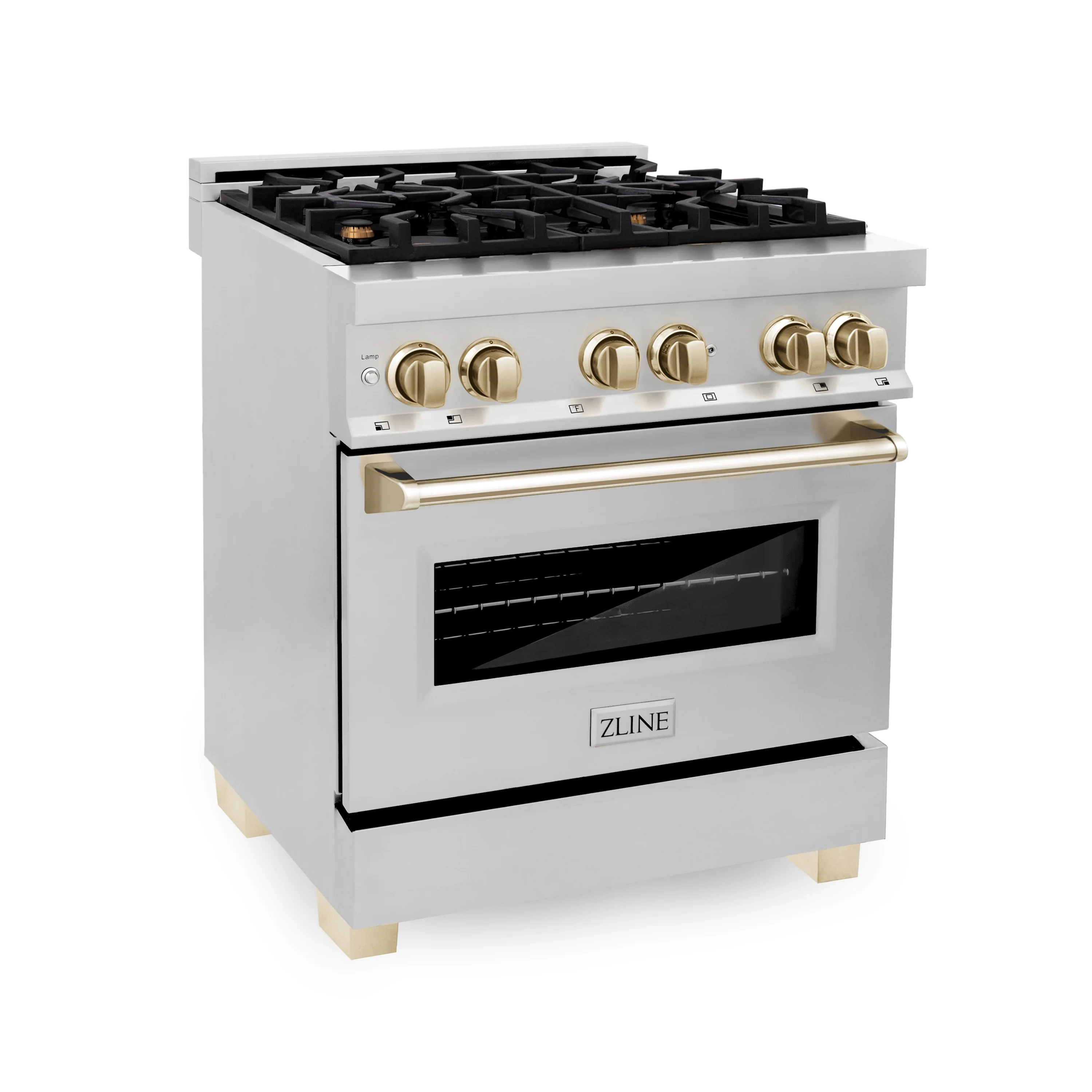 ZLINE Autograph Edition 30 in. 4.0 cu. ft. Legacy Dual Fuel Range with 4 Burner Gas Cooktop and Electric Convection Oven in Stainless Steel and Polished Gold Accents, Open Box-Great Condition