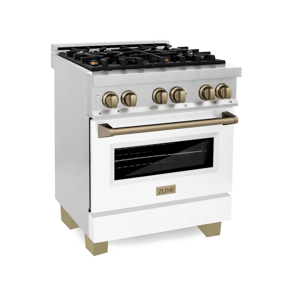ZLINE Autograph Edition 30 in. 4.0 cu. ft. Legacy Dual Fuel Range with 4 Burner Gas Cooktop and Electric Convection Oven in Stainless Steel with White Matte Door and Champagne Bronze Accents, Open Box-Great Condition