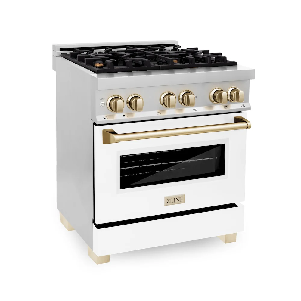 ZLINE Autograph Edition 30 in. 4.0 cu. ft. Legacy Dual Fuel Range with 4 Burner Gas Cooktop and Electric Convection Oven in Stainless Steel with White Matte Door and Polished Gold Accents, Open Box-Great Condition
