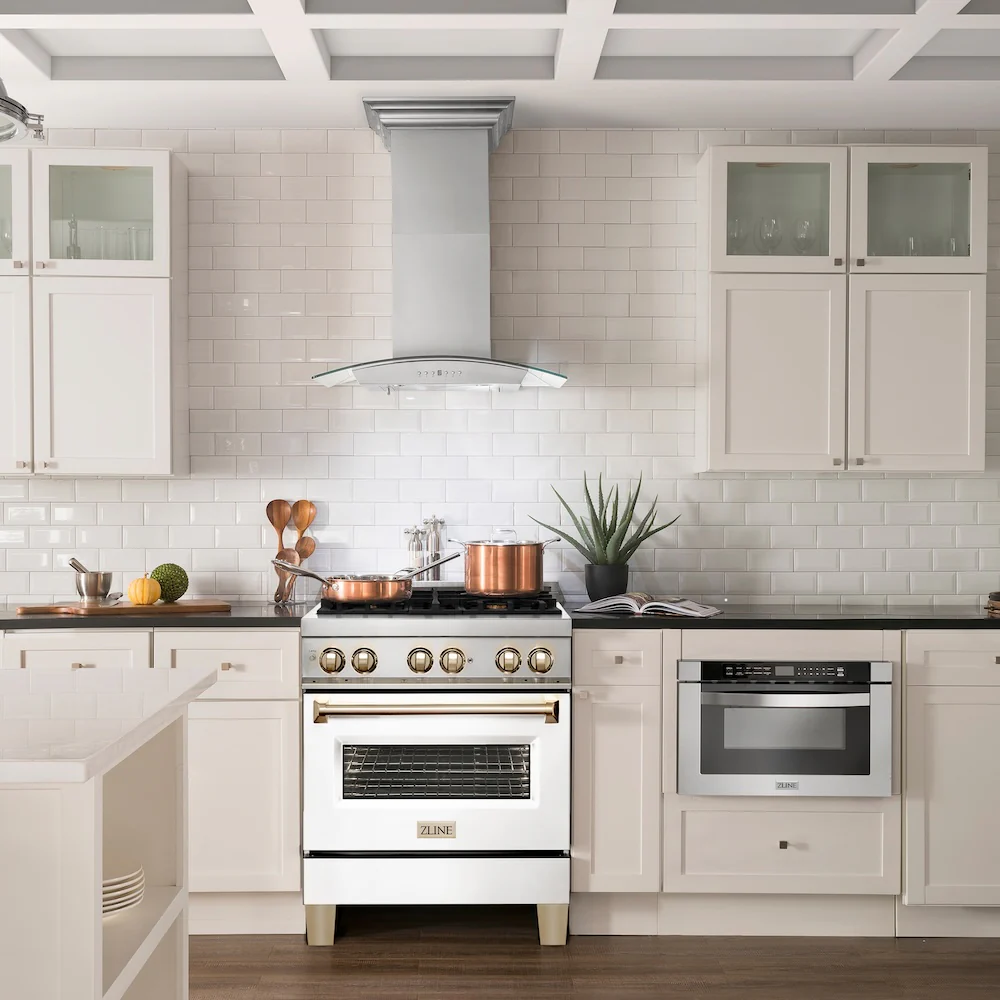 ZLINE Autograph Edition 30 in. 4.0 cu. ft. Legacy Dual Fuel Range with 4 Burner Gas Cooktop and Electric Convection Oven in Stainless Steel with White Matte Door and Polished Gold Accents, Open Box-Great Condition - Image 2