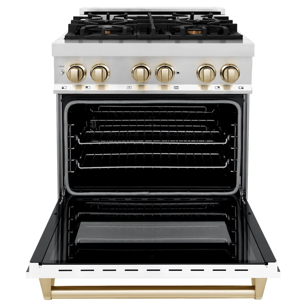 ZLINE Autograph Edition 30 in. 4.0 cu. ft. Legacy Dual Fuel Range with 4 Burner Gas Cooktop and Electric Convection Oven in Stainless Steel with White Matte Door and Polished Gold Accents, Open Box-Great Condition - Image 4