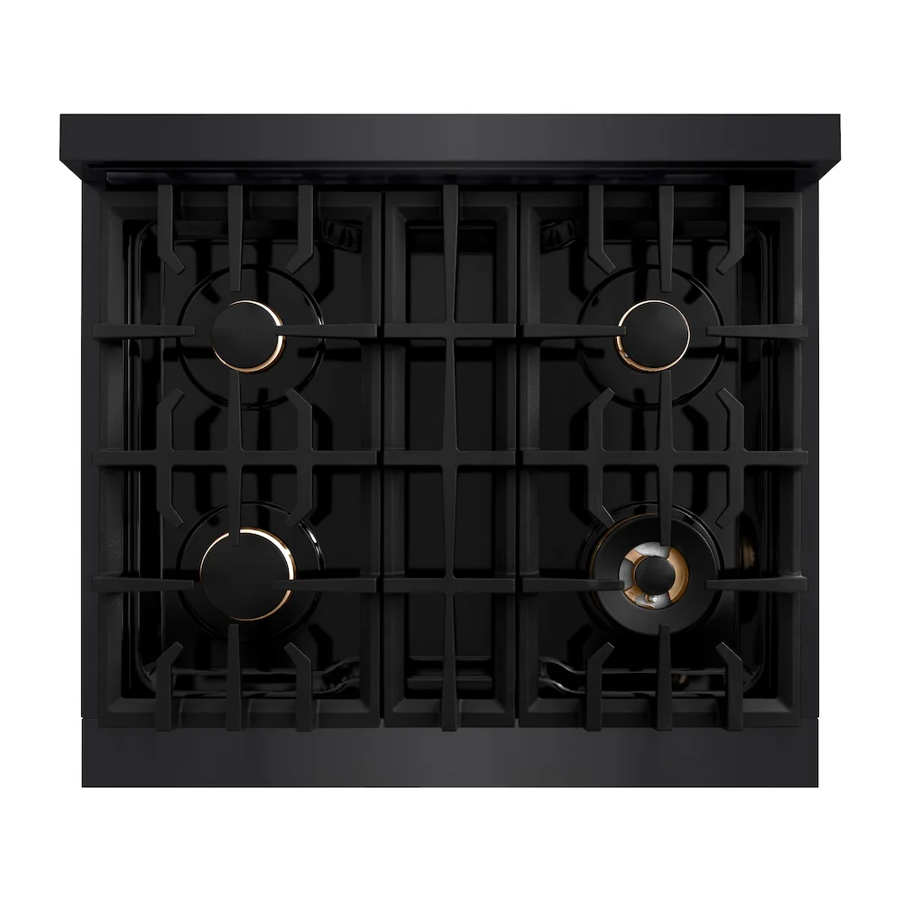 ZLINE Autograph Edition 30 in. 4.2 cu. ft. Classic Dual Fuel Range with 4 Burner Gas Cooktop and Electric Convection Oven in Black Stainless Steel with Champagne Bronze Accents, Open Box-Great Condition - Image 2