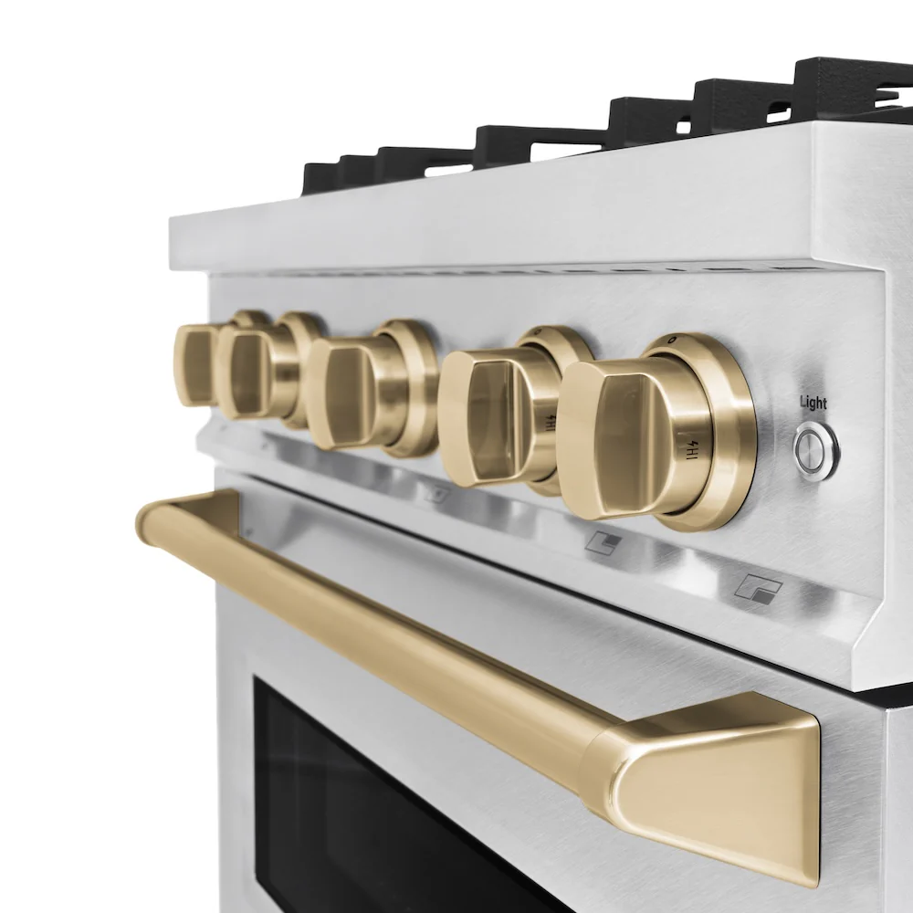 ZLINE Autograph Edition 30 in. 4.2 cu. ft. Classic Dual Fuel Range with 4 Burner Gas Cooktop and Electric Convection Oven in Satin Stainless Steel with Champagne Bronze Accents, Open Box-Great Condition - Image 10