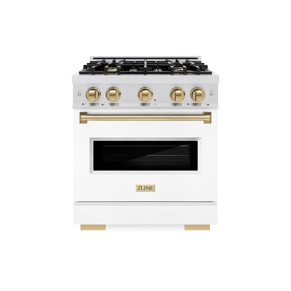 ZLINE Autograph Edition 30 in. 4.2 cu. ft. Classic Dual Fuel Range with 4 Burner Gas Cooktop and Electric Convection Oven in Satin Stainless Steel with White Matte Door and Champagne Bronze Accents, Open Box-Great Condition - Image 3