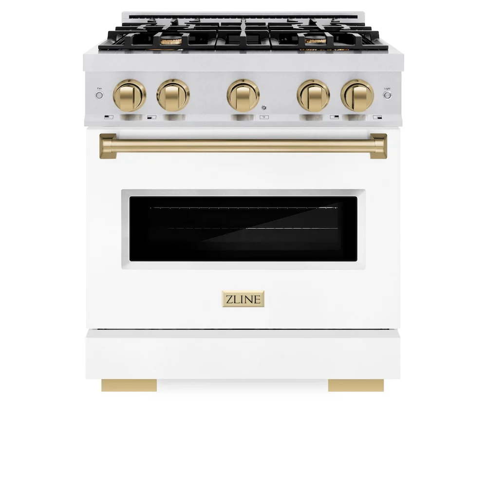 ZLINE Autograph Edition 30 in. 4.2 cu. ft. Classic Dual Fuel Range with 4 Burner Gas Cooktop and Electric Convection Oven in Satin Stainless Steel with White Matte Door and Champagne Bronze Accents, Open Box-Great Condition - Image 4