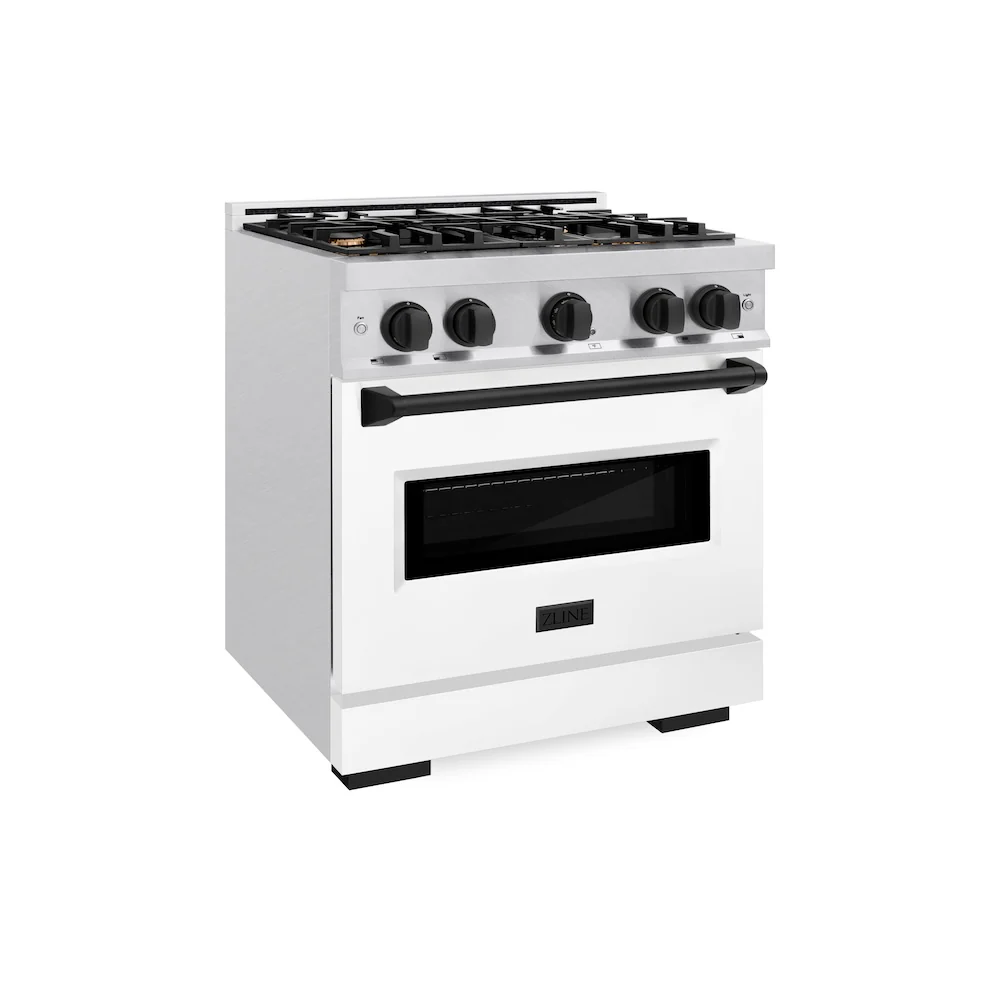 ZLINE Autograph Edition 30 in. 4.2 cu. ft. Classic Dual Fuel Range with 4 Burner Gas Cooktop and Electric Convection Oven in Satin Stainless Steel with White Matte Door and Matte Black Accents, Open Box-Great Condition