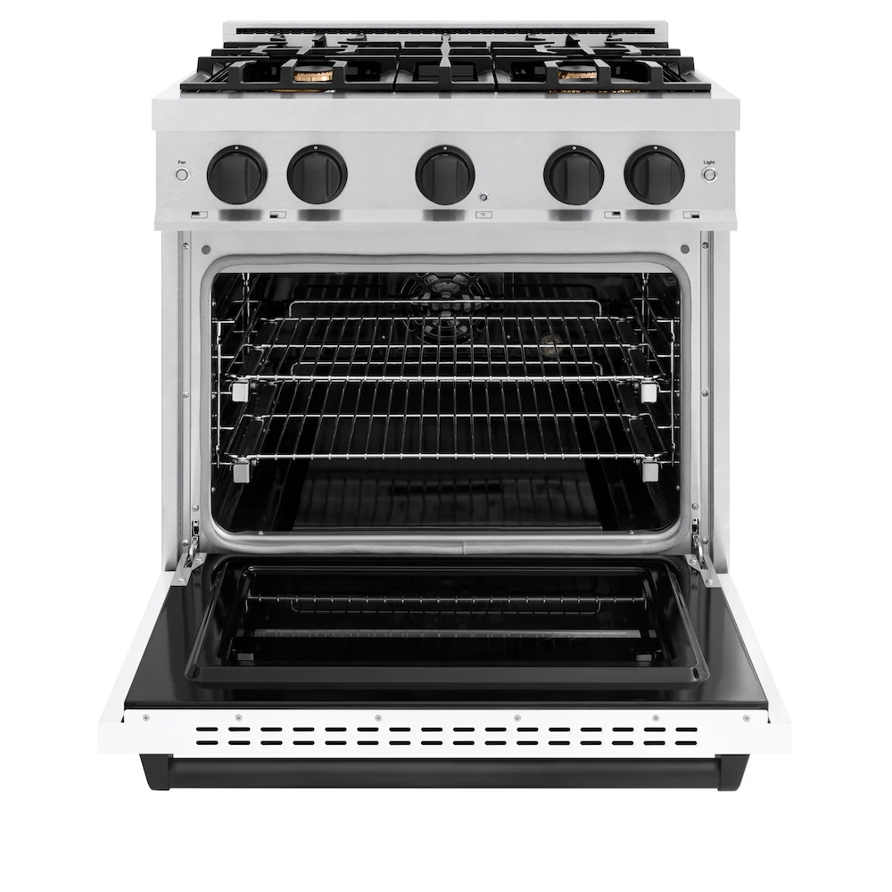 ZLINE Autograph Edition 30 in. 4.2 cu. ft. Classic Dual Fuel Range with 4 Burner Gas Cooktop and Electric Convection Oven in Satin Stainless Steel with White Matte Door and Matte Black Accents, Open Box-Great Condition - Image 5