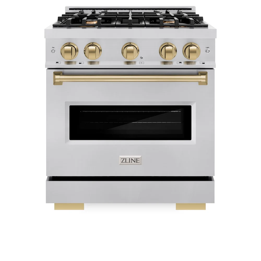 ZLINE Autograph Edition 30 in. 4.2 cu. ft. Classic Dual Fuel Range with 4 Burner Gas Cooktop and Electric Convection Oven in Stainless Steel with Champagne Bronze Accents, Open Box-Great Condition - Image 3
