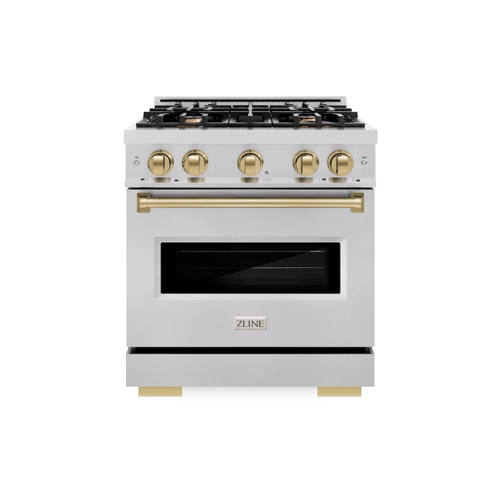 ZLINE Autograph Edition 30 in. 4.2 cu. ft. Classic Dual Fuel Range with 4 Burner Gas Cooktop and Electric Convection Oven in Stainless Steel with Champagne Bronze Accents, Open Box-Great Condition - Image 4