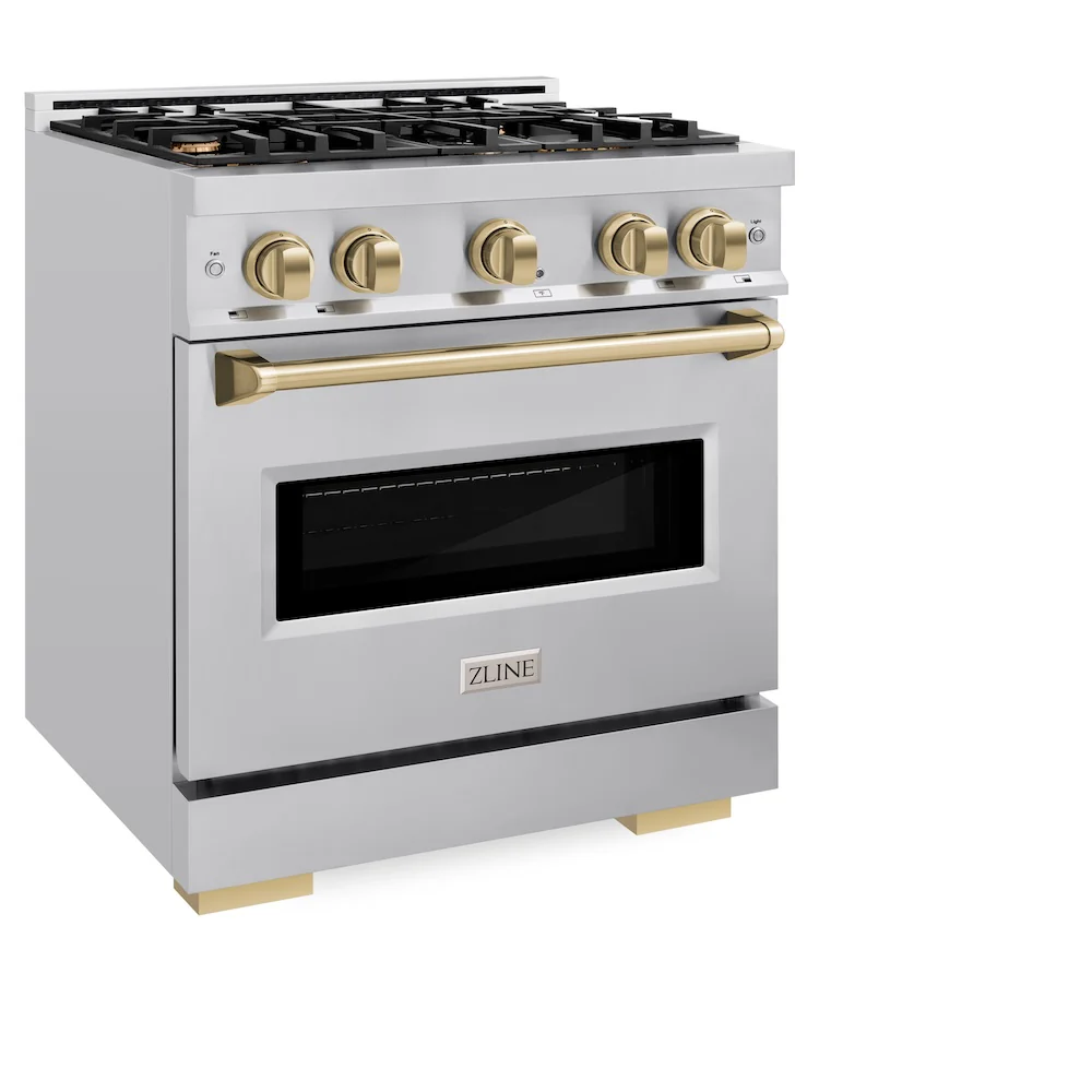 ZLINE Autograph Edition 30 in. 4.2 cu. ft. Classic Dual Fuel Range with 4 Burner Gas Cooktop and Electric Convection Oven in Stainless Steel with Champagne Bronze Accents, Open Box-Great Condition - Image 6
