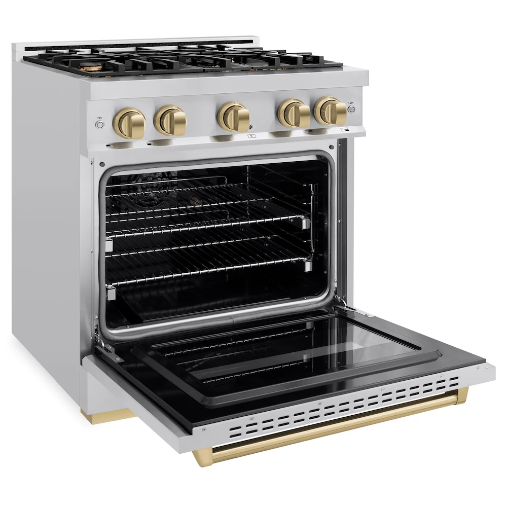 ZLINE Autograph Edition 30 in. 4.2 cu. ft. Classic Dual Fuel Range with 4 Burner Gas Cooktop and Electric Convection Oven in Stainless Steel with Champagne Bronze Accents, Open Box-Great Condition - Image 7