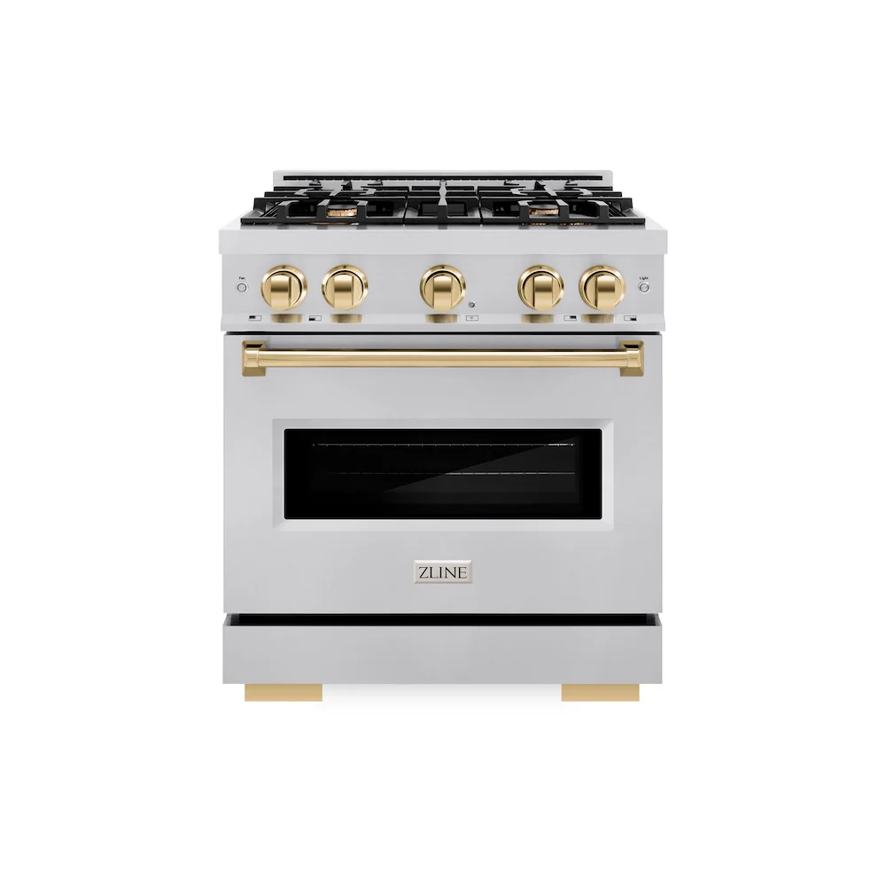ZLINE Autograph Edition 30 in. 4.2 cu. ft. Classic Dual Fuel Range with 4 Burner Gas Cooktop and Electric Convection Oven in Stainless Steel with Polished Gold Accents, Open Box-Great Condition - Image 3