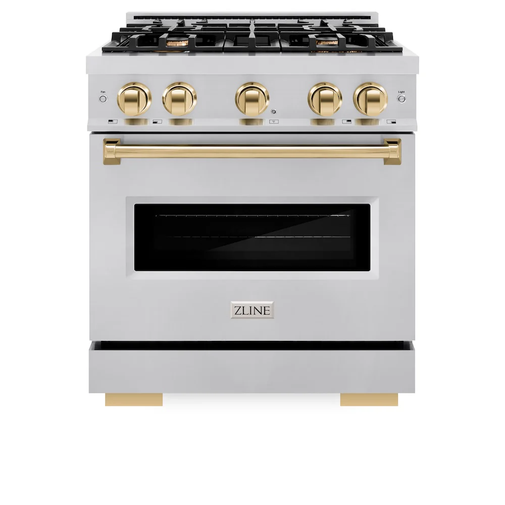 ZLINE Autograph Edition 30 in. 4.2 cu. ft. Classic Dual Fuel Range with 4 Burner Gas Cooktop and Electric Convection Oven in Stainless Steel with Polished Gold Accents, Open Box-Great Condition - Image 4