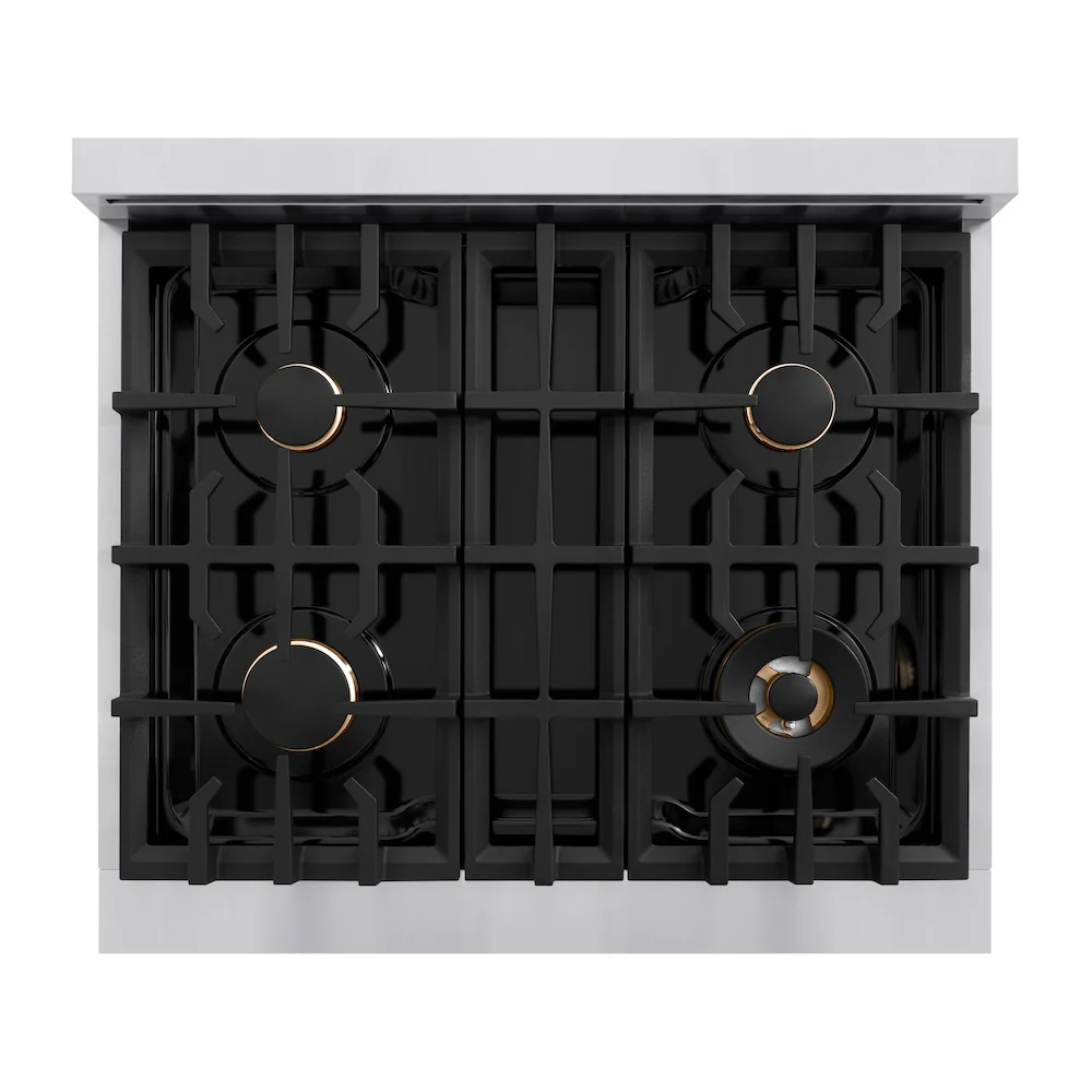 ZLINE Autograph Edition 30 in. 4.2 cu. ft. Classic Dual Fuel Range with 4 Burner Gas Cooktop and Electric Convection Oven in Stainless Steel with White Matte Door and Champagne Bronze Accents, Open Box-Great Condition - Image 2