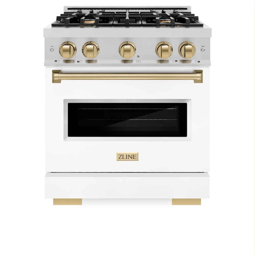 ZLINE Autograph Edition 30 in. 4.2 cu. ft. Classic Dual Fuel Range with 4 Burner Gas Cooktop and Electric Convection Oven in Stainless Steel with White Matte Door and Champagne Bronze Accents, Open Box-Great Condition - Image 3