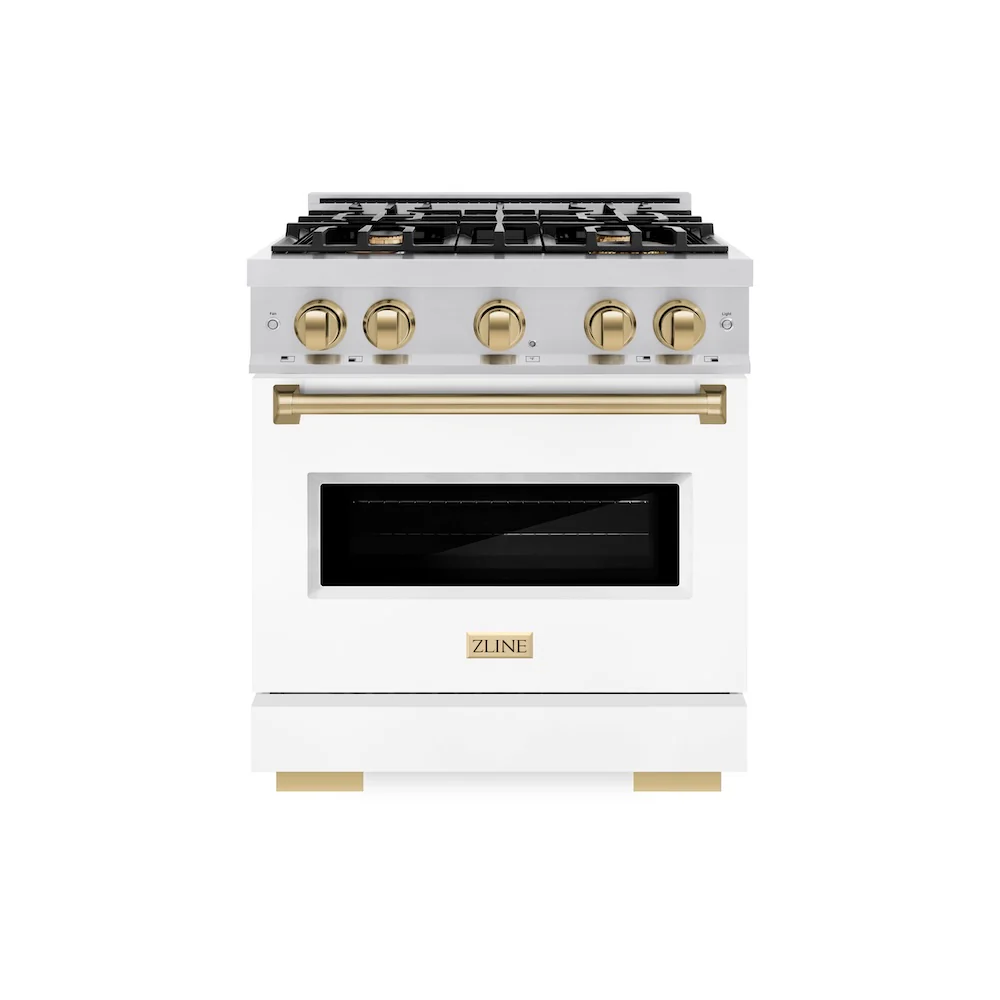 ZLINE Autograph Edition 30 in. 4.2 cu. ft. Classic Dual Fuel Range with 4 Burner Gas Cooktop and Electric Convection Oven in Stainless Steel with White Matte Door and Champagne Bronze Accents, Open Box-Great Condition - Image 4