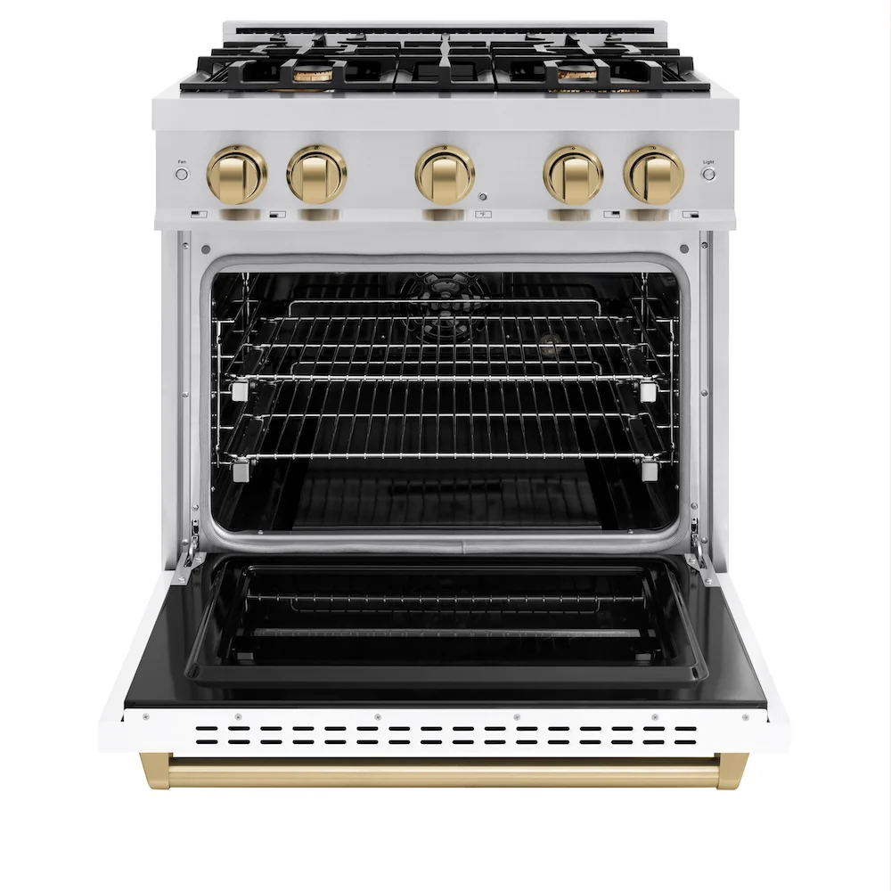 ZLINE Autograph Edition 30 in. 4.2 cu. ft. Classic Dual Fuel Range with 4 Burner Gas Cooktop and Electric Convection Oven in Stainless Steel with White Matte Door and Champagne Bronze Accents, Open Box-Great Condition - Image 5