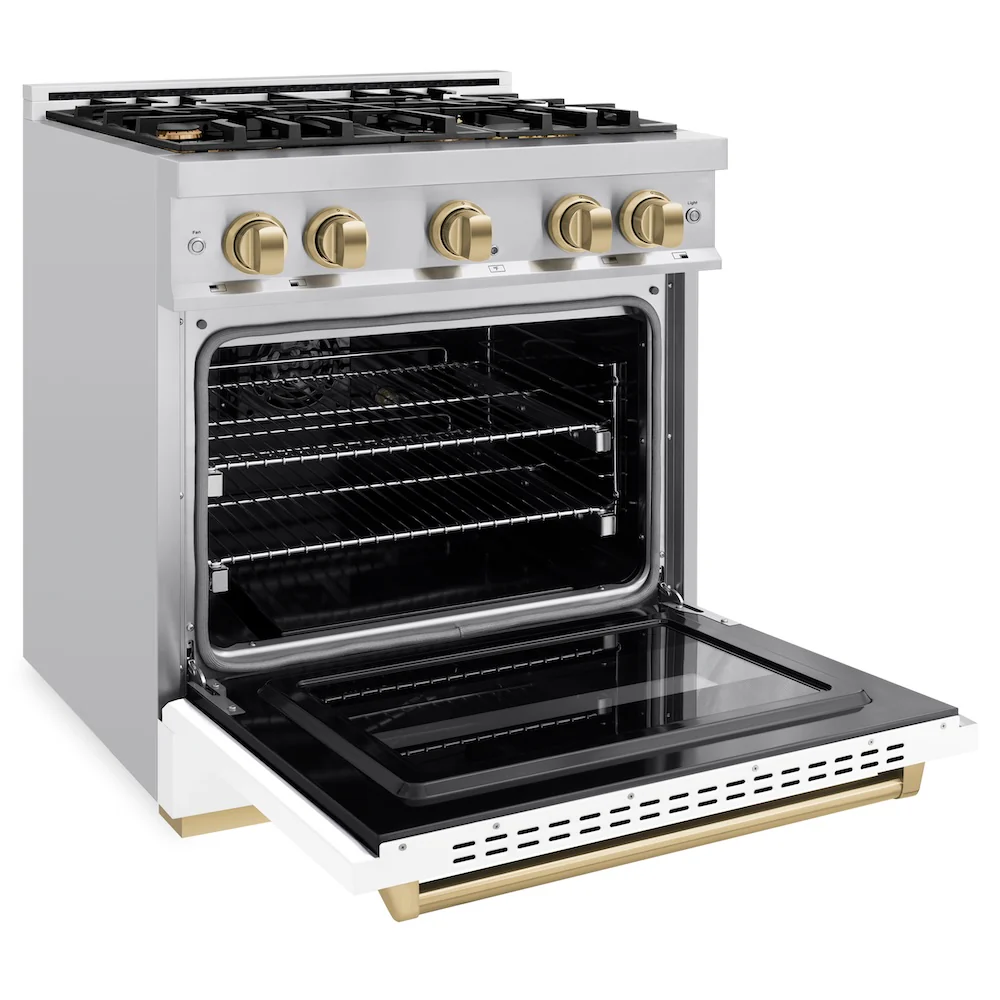 ZLINE Autograph Edition 30 in. 4.2 cu. ft. Classic Dual Fuel Range with 4 Burner Gas Cooktop and Electric Convection Oven in Stainless Steel with White Matte Door and Champagne Bronze Accents, Open Box-Great Condition - Image 7