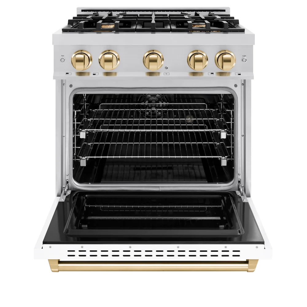 ZLINE Autograph Edition 30 in. 4.2 cu. ft. Classic Dual Fuel Range with 4 Burner Gas Cooktop and Electric Convection Oven in Stainless Steel with White Matte Door and Polished Gold Accents, Open Box-Great Condition - Image 5