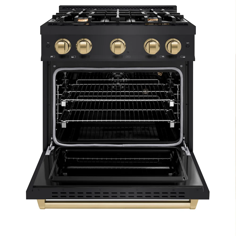 ZLINE Autograph Edition 30 in. 4.2 cu. ft. Classic Gas Range with 4 Burner Cooktop and Convection Gas Oven in Black Stainless Steel and Champagne Bronze Accents, Open Box-Great Condition - Image 6