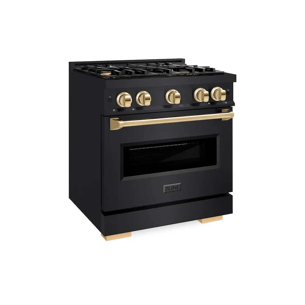 ZLINE Autograph Edition 30 in. 4.2 cu. ft. Classic Gas Range with 4 Burner Cooktop and Convection Gas Oven in Black Stainless Steel and Polished Gold Accents, Open Box-Great Condition