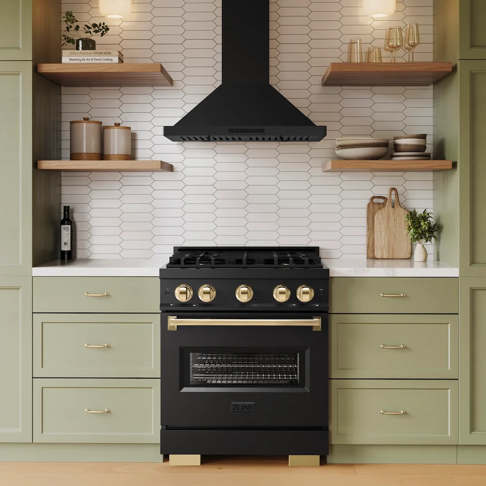 ZLINE Autograph Edition 30 in. 4.2 cu. ft. Classic Gas Range with 4 Burner Cooktop and Convection Gas Oven in Black Stainless Steel and Polished Gold Accents, Open Box-Great Condition - Image 2