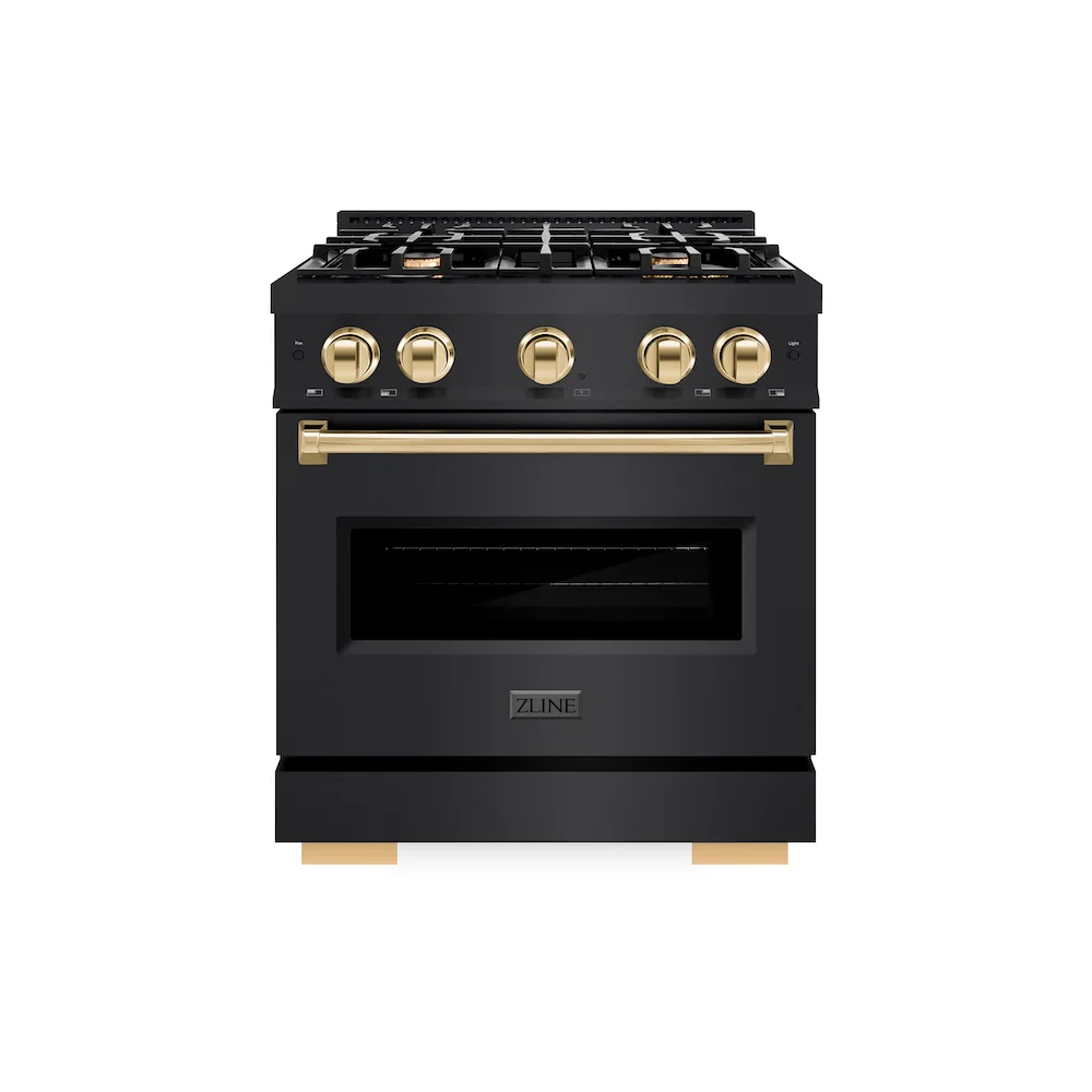 ZLINE Autograph Edition 30 in. 4.2 cu. ft. Classic Gas Range with 4 Burner Cooktop and Convection Gas Oven in Black Stainless Steel and Polished Gold Accents, Open Box-Great Condition - Image 4