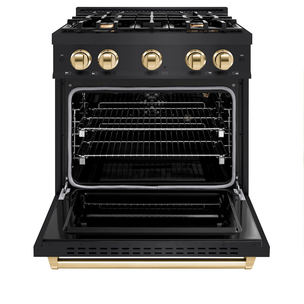 ZLINE Autograph Edition 30 in. 4.2 cu. ft. Classic Gas Range with 4 Burner Cooktop and Convection Gas Oven in Black Stainless Steel and Polished Gold Accents, Open Box-Great Condition - Image 6