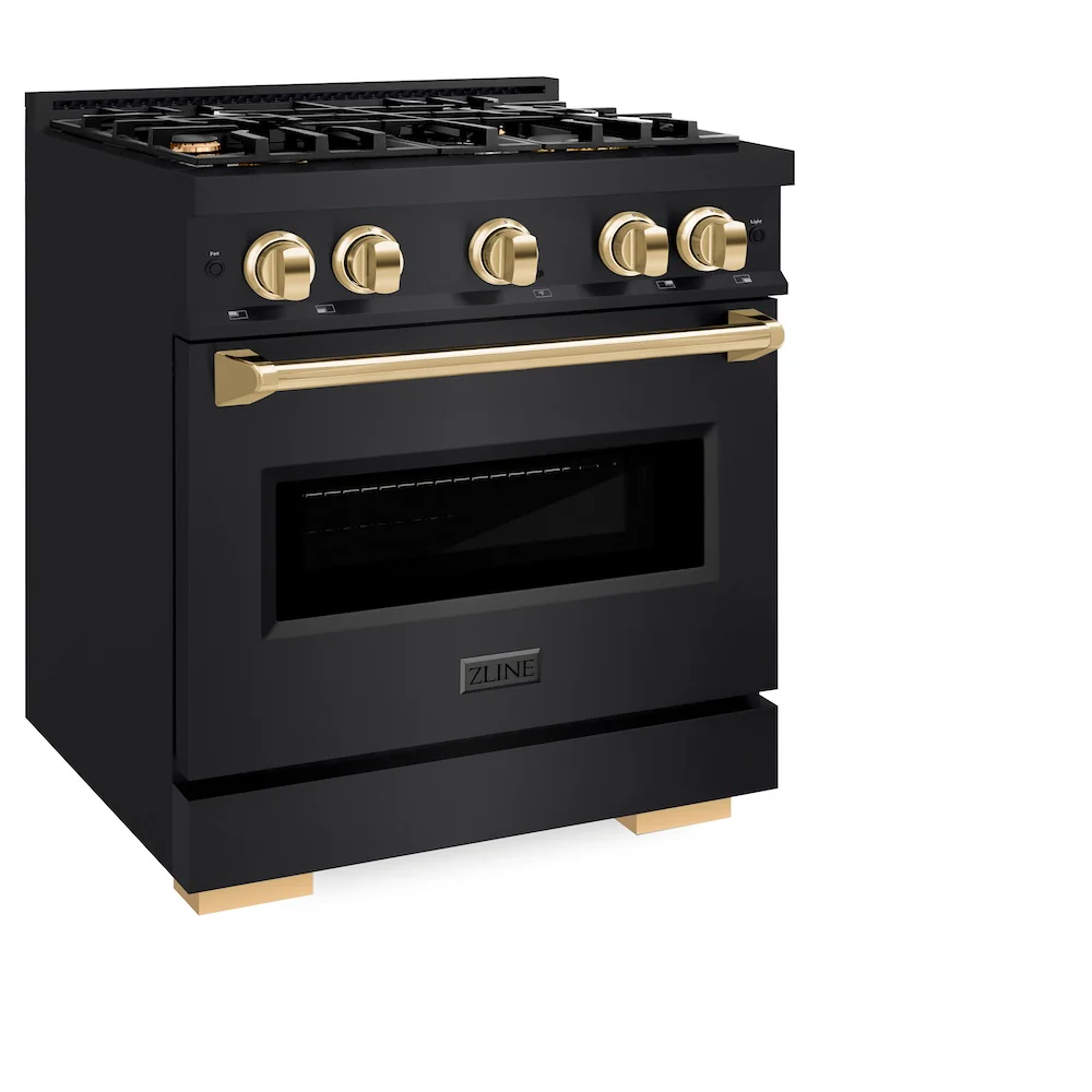 ZLINE Autograph Edition 30 in. 4.2 cu. ft. Classic Gas Range with 4 Burner Cooktop and Convection Gas Oven in Black Stainless Steel and Polished Gold Accents, Open Box-Great Condition - Image 7