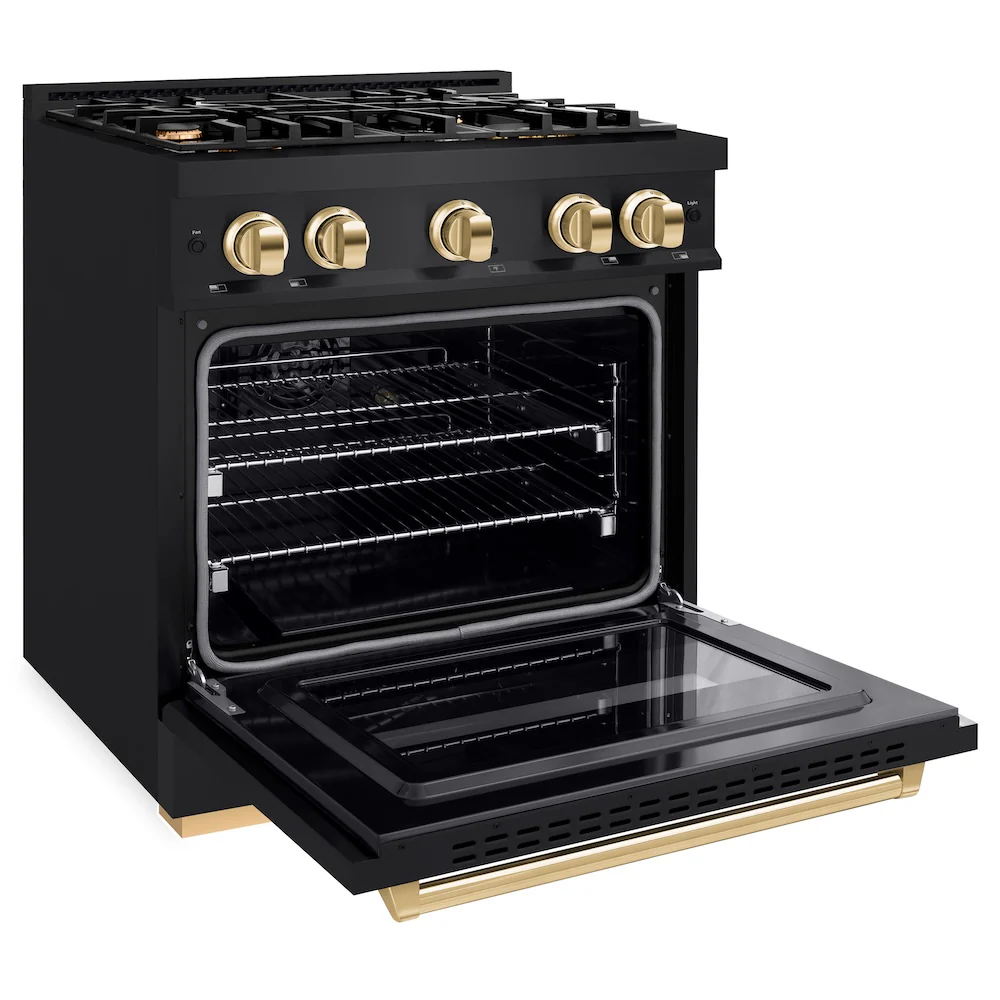 ZLINE Autograph Edition 30 in. 4.2 cu. ft. Classic Gas Range with 4 Burner Cooktop and Convection Gas Oven in Black Stainless Steel and Polished Gold Accents, Open Box-Great Condition - Image 8