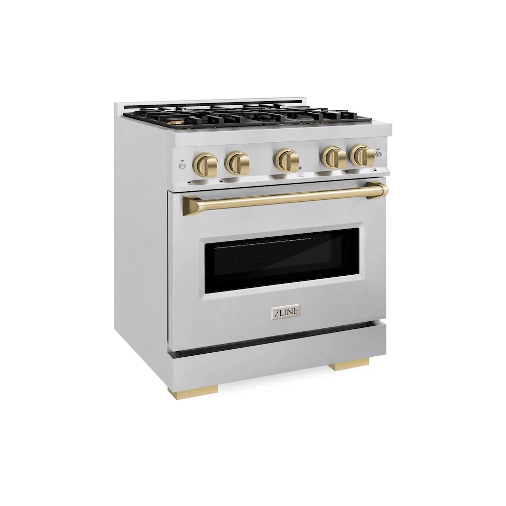 ZLINE Autograph Edition 30 in. 4.2 cu. ft. Classic Gas Range with 4 Burner Cooktop and Convection Gas Oven in Satin Stainless Steel and Champagne Bronze Accents, Open Box-Great Condition