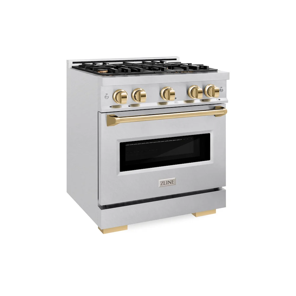 ZLINE Autograph Edition 30 in. 4.2 cu. ft. Classic Gas Range with 4 Burner Cooktop and Convection Gas Oven in Satin Stainless Steel and Polished Gold Accents, Open Box-Great Condition