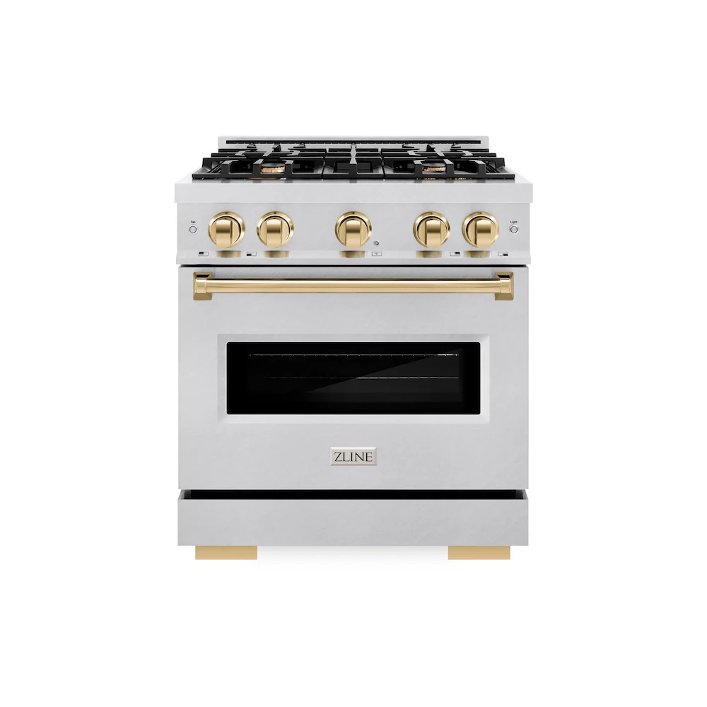 ZLINE Autograph Edition 30 in. 4.2 cu. ft. Classic Gas Range with 4 Burner Cooktop and Convection Gas Oven in Satin Stainless Steel and Polished Gold Accents, Open Box-Great Condition - Image 3