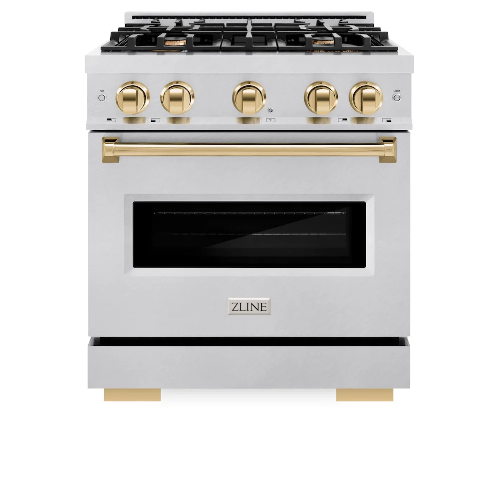 ZLINE Autograph Edition 30 in. 4.2 cu. ft. Classic Gas Range with 4 Burner Cooktop and Convection Gas Oven in Satin Stainless Steel and Polished Gold Accents, Open Box-Great Condition - Image 4