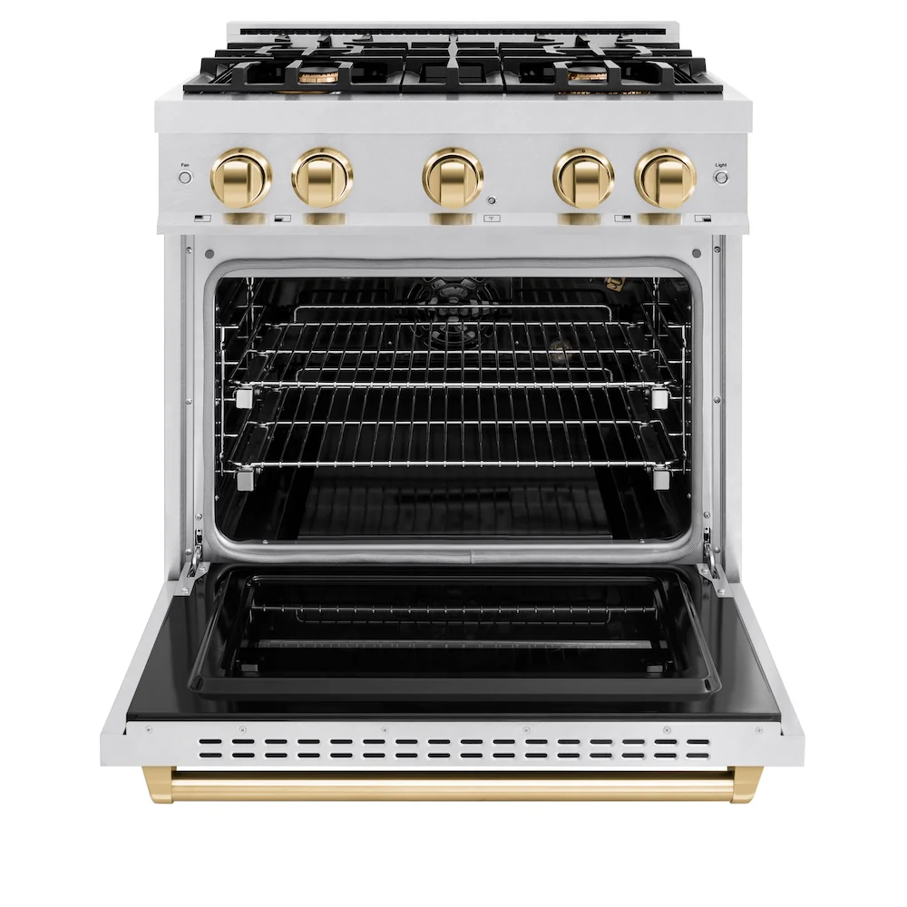 ZLINE Autograph Edition 30 in. 4.2 cu. ft. Classic Gas Range with 4 Burner Cooktop and Convection Gas Oven in Satin Stainless Steel and Polished Gold Accents, Open Box-Great Condition - Image 5