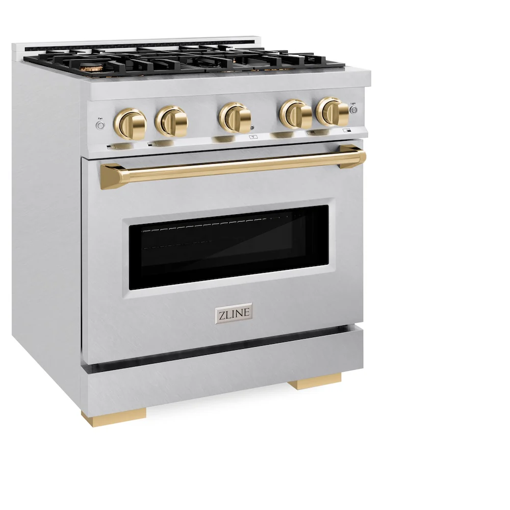ZLINE Autograph Edition 30 in. 4.2 cu. ft. Classic Gas Range with 4 Burner Cooktop and Convection Gas Oven in Satin Stainless Steel and Polished Gold Accents, Open Box-Great Condition - Image 6