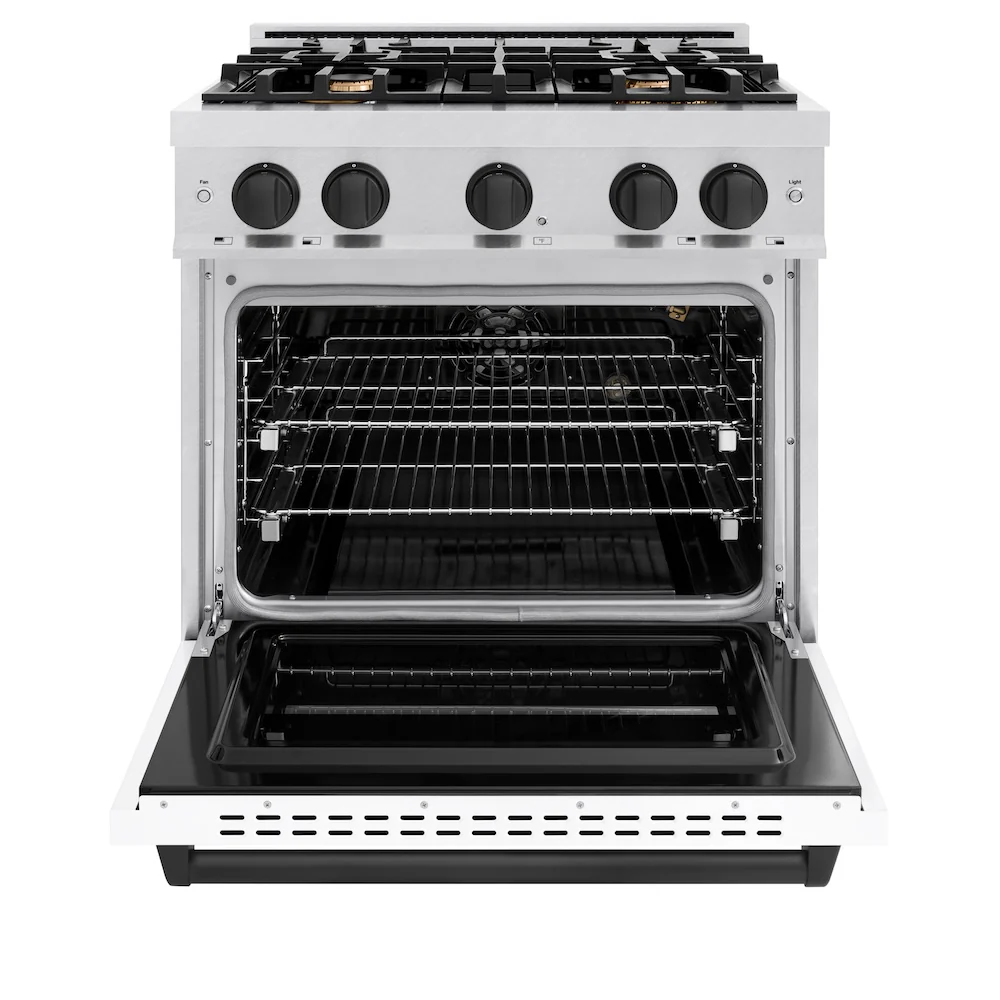 ZLINE Autograph Edition 30 in. 4.2 cu. ft. Classic Gas Range with 4 Burner Cooktop and Convection Gas Oven in Satin Stainless Steel with White Matte Door and Matte Black Accents, Open Box-Great Condition - Image 5