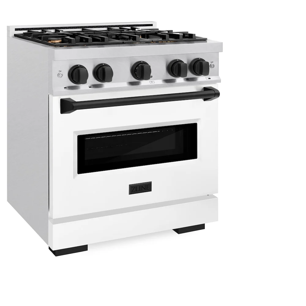 ZLINE Autograph Edition 30 in. 4.2 cu. ft. Classic Gas Range with 4 Burner Cooktop and Convection Gas Oven in Satin Stainless Steel with White Matte Door and Matte Black Accents, Open Box-Great Condition - Image 6