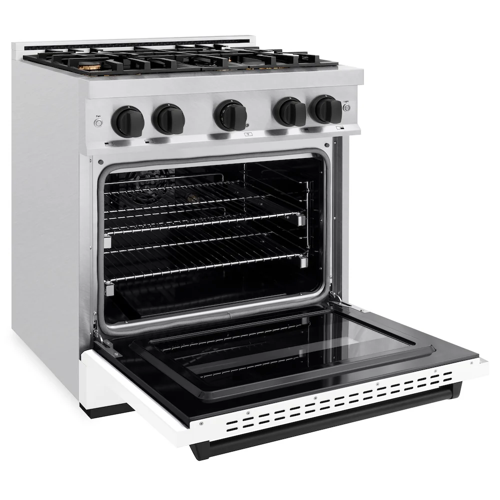 ZLINE Autograph Edition 30 in. 4.2 cu. ft. Classic Gas Range with 4 Burner Cooktop and Convection Gas Oven in Satin Stainless Steel with White Matte Door and Matte Black Accents, Open Box-Great Condition - Image 7