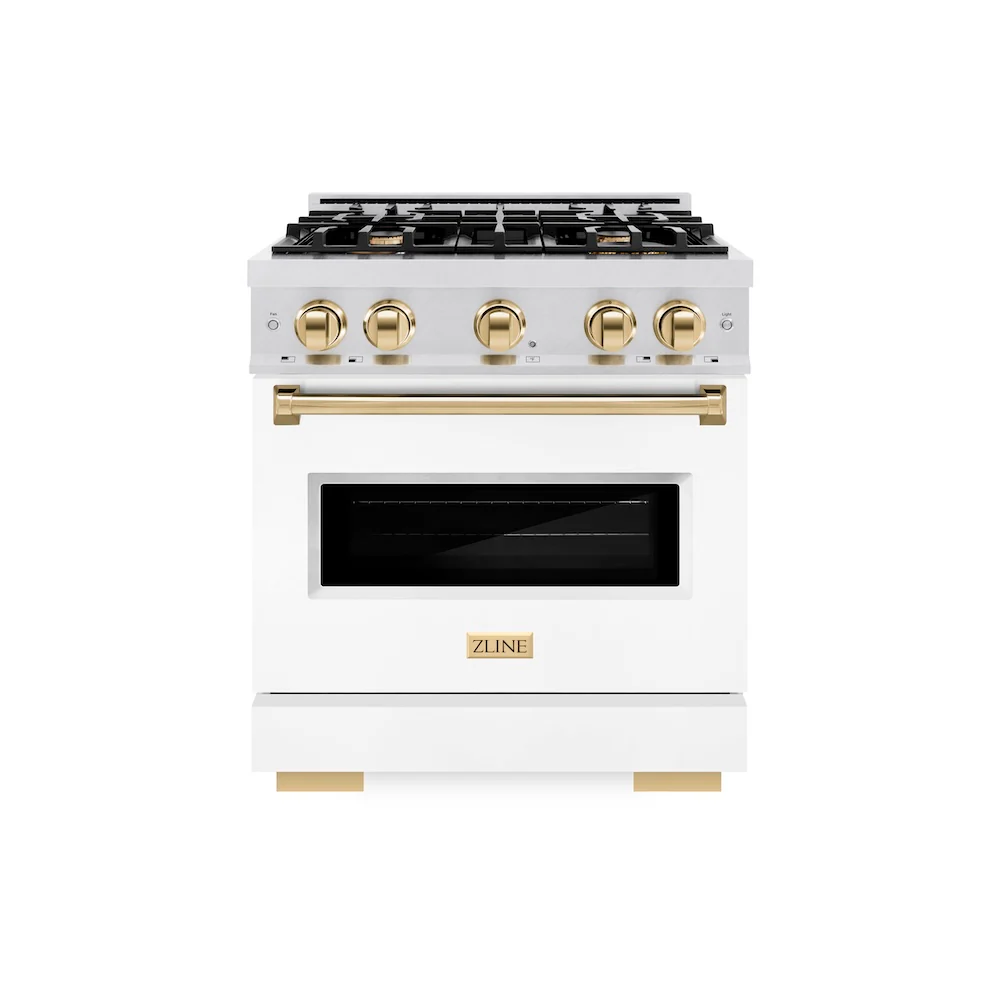 ZLINE Autograph Edition 30 in. 4.2 cu. ft. Classic Gas Range with 4 Burner Cooktop and Convection Gas Oven in Satin Stainless Steel with White Matte Door and Polished Gold Accents, Open Box-Great Condition - Image 3
