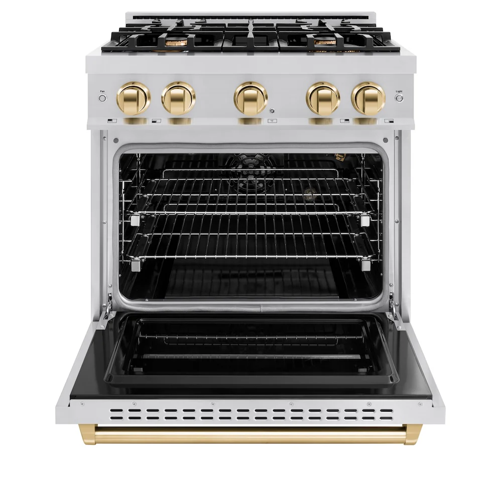 ZLINE Autograph Edition 30 in. 4.2 cu. ft. Classic Gas Range with 4 Burner Cooktop and Convection Gas Oven in Stainless Steel and Polished Gold Accents, Open Box-Great Condition - Image 6