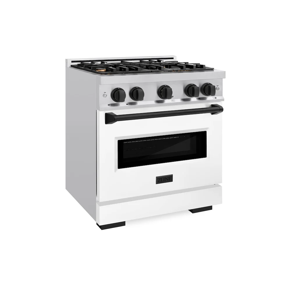 ZLINE Autograph Edition 30 in. 4.2 cu. ft. Classic Gas Range with 4 Burner Cooktop and Convection Gas Oven in Stainless Steel with White Matte Door and Matte Black Accents, Open Box-Great Condition