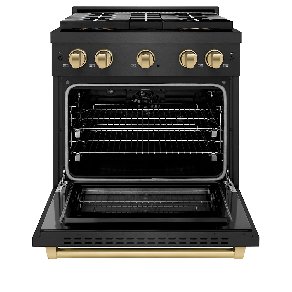 ZLINE Autograph Edition 30 in. 4.2 cu. ft. Paramount Dual Fuel Range with 4 Burner DuoPro™ Cooktop and Electric Convection Oven in Black Satin Stainless Steel and Champagne Bronze Accents, Open Box-Great Condition - Image 4
