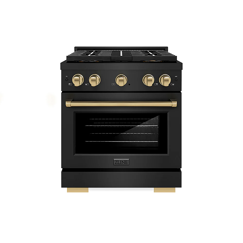 ZLINE Autograph Edition 30 in. 4.2 cu. ft. Paramount Dual Fuel Range with 4 Burner DuoPro™ Cooktop and Electric Convection Oven in Black Stainless Steel and Champagne Bronze Accents, Open Box-Great Condition - Image 3