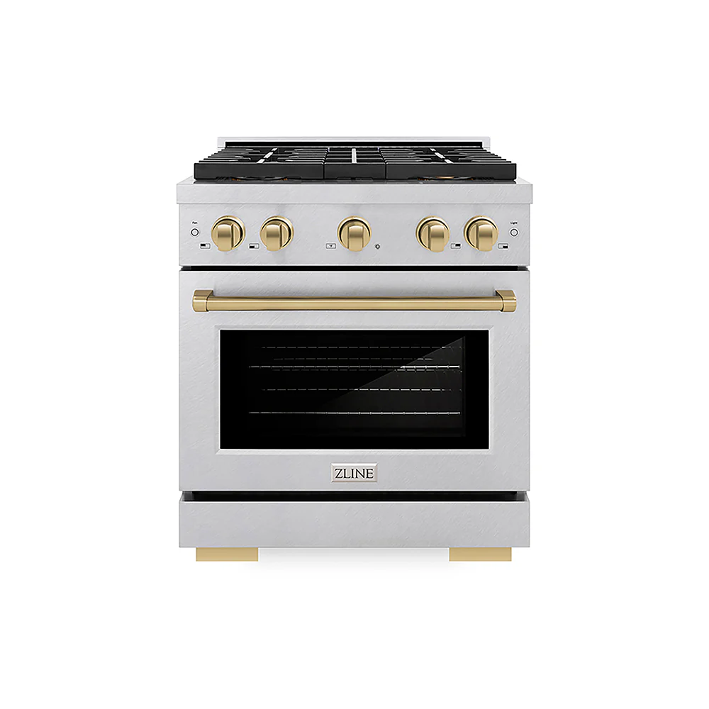 ZLINE Autograph Edition 30 in. 4.2 cu. ft. Paramount Dual Fuel Range with 4 Burner DuoPro™ Cooktop and Electric Convection Oven in Satin Stainless Steel and Champagne Bronze Accents, Open Box-Great Condition - Image 3