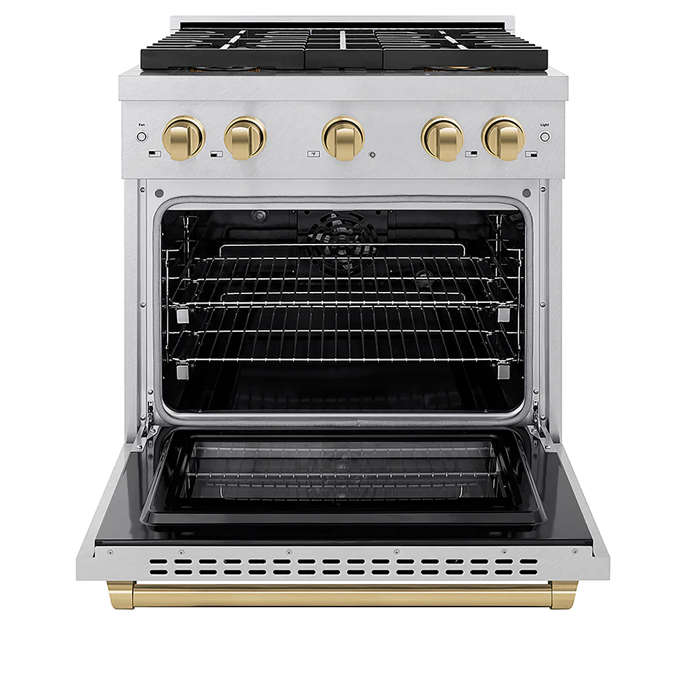 ZLINE Autograph Edition 30 in. 4.2 cu. ft. Paramount Dual Fuel Range with 4 Burner DuoPro™ Cooktop and Electric Convection Oven in Satin Stainless Steel and Champagne Bronze Accents, Open Box-Great Condition - Image 4