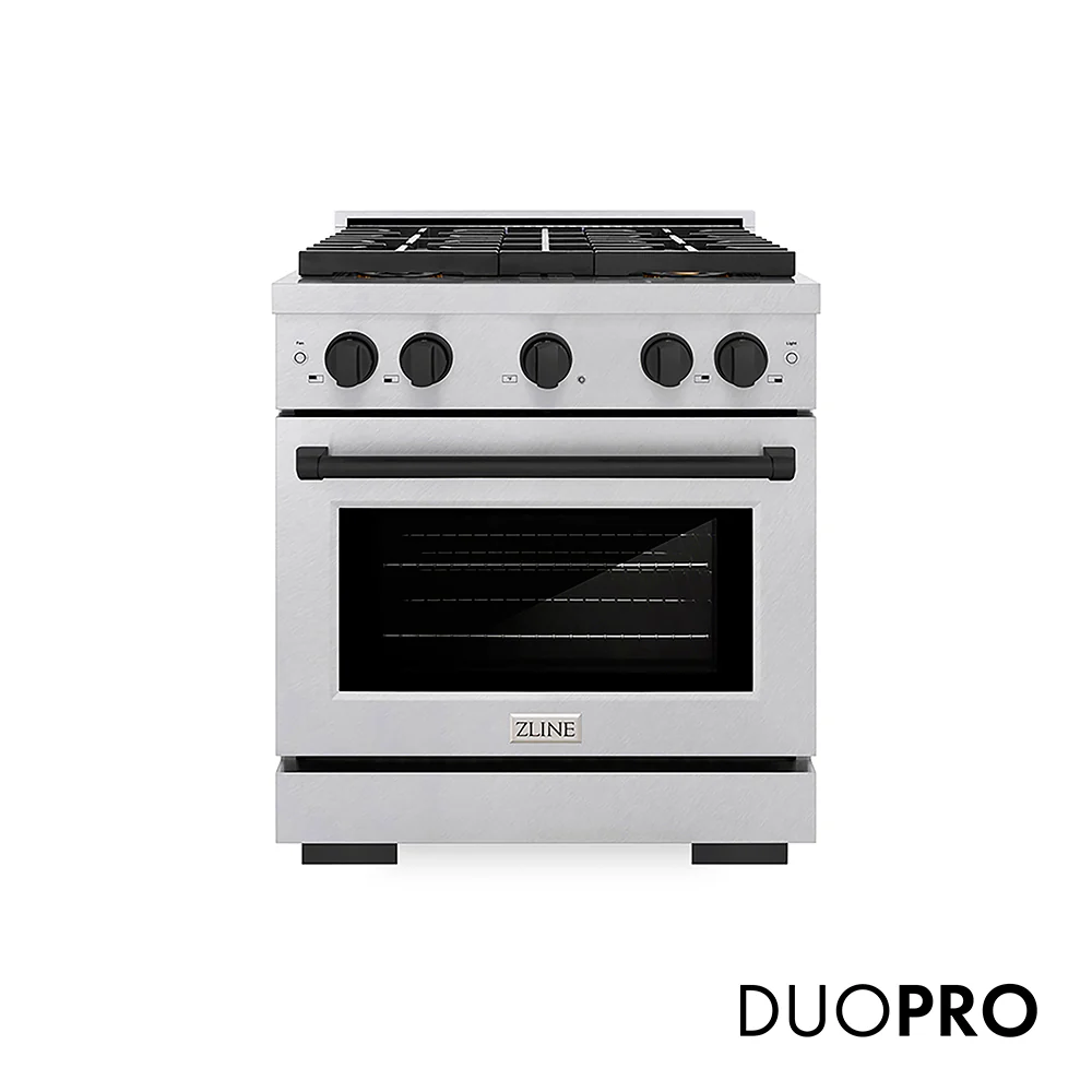 ZLINE Autograph Edition 30 in. 4.2 cu. ft. Paramount Dual Fuel Range with 4 Burner DuoPro™ Cooktop and Electric Convection Oven in Satin Stainless Steel and Matte Black Accents, Open Box-Great Condition