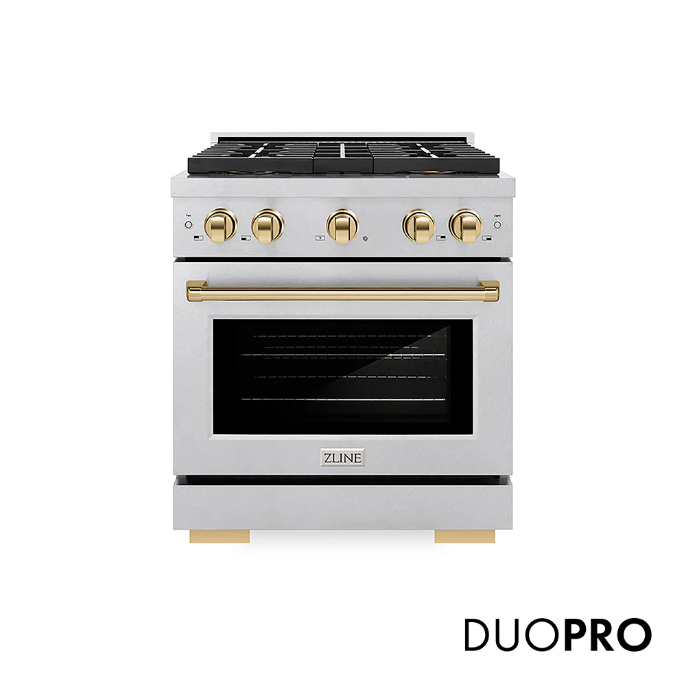 ZLINE Autograph Edition 30 in. 4.2 cu. ft. Paramount Dual Fuel Range with 4 Burner DuoPro™ Cooktop and Electric Convection Oven in Satin Stainless Steel and Polished Gold Accents, Open Box-Great Condition
