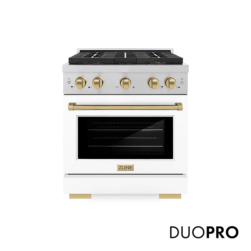 ZLINE Autograph Edition 30 in. 4.2 cu. ft. Paramount Dual Fuel Range with 4 Burner DuoPro™ Cooktop and Electric Convection Oven in Satin Stainless Steel with White Matte Door and Champagne Bronze Accents, Open Box-Great Condition